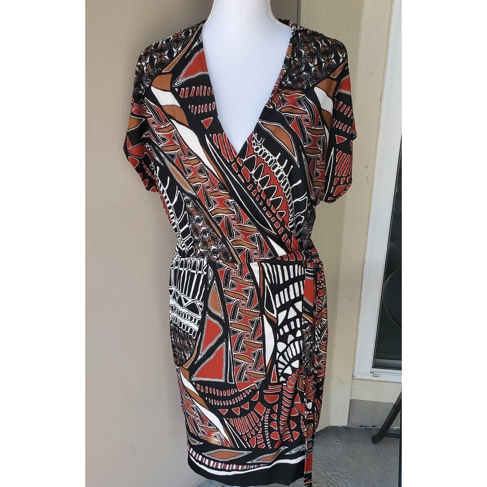 Cato Wrap Dress Womens Large Short Red Black White Geometric V‎ Neck